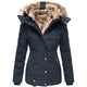 Women's padded parka jacket with fur-trimmed hood and zipped pockets