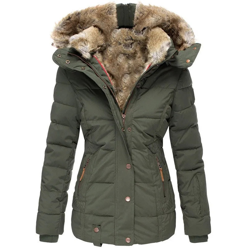Women's padded parka jacket with fur-trimmed hood and zipped pockets