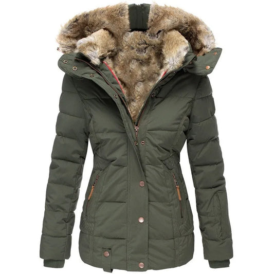 Women's padded parka jacket with fur-trimmed hood and zipped pockets