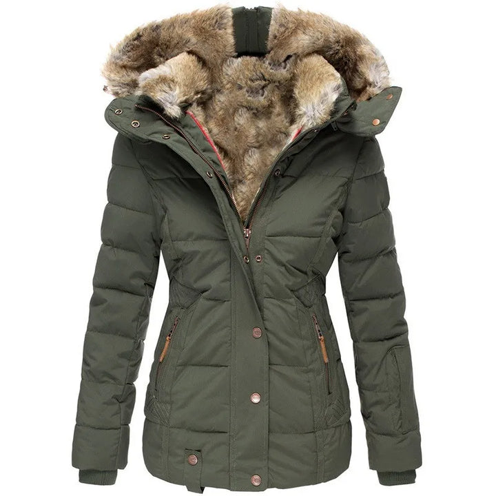 Women's padded parka jacket with fur-trimmed hood and zipped pockets