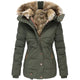 Women's padded parka jacket with fur-trimmed hood and zipped pockets