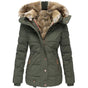 Women's padded parka jacket with fur-trimmed hood and zipped pockets