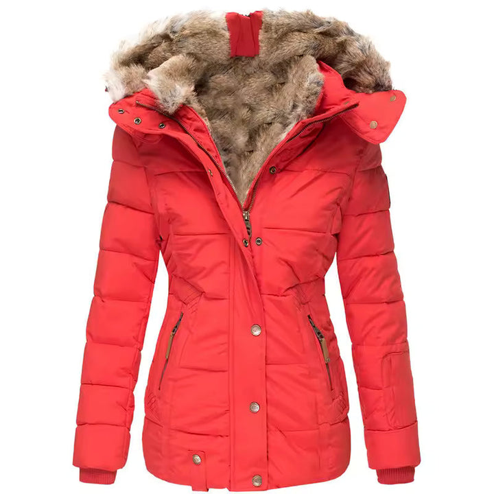 Women's padded parka jacket with fur-trimmed hood and zipped pockets