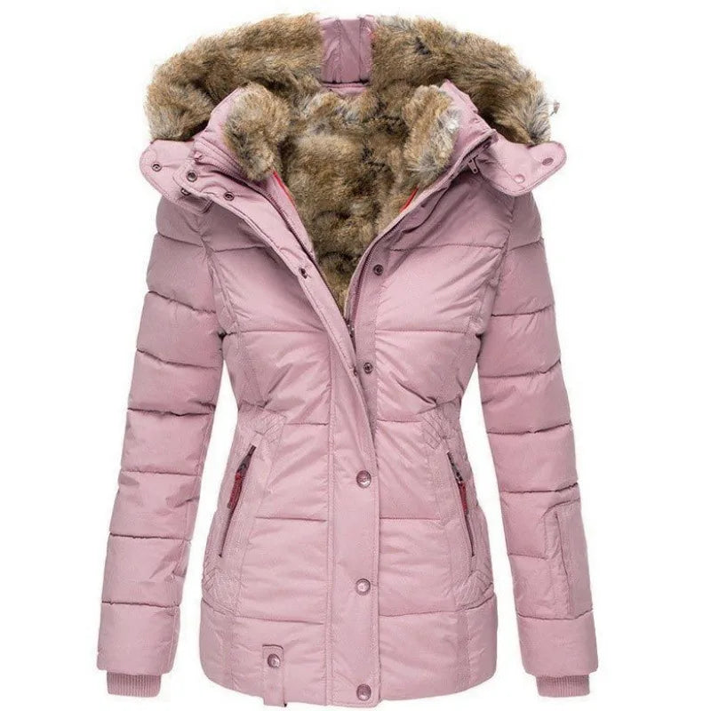 Women's padded parka jacket with fur-trimmed hood and zipped pockets