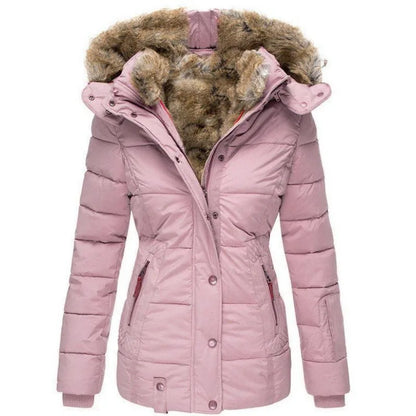 Women's padded parka jacket with fur-trimmed hood and zipped pockets