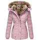 Women's padded parka jacket with fur-trimmed hood and zipped pockets