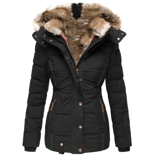 Women's padded parka jacket with fur-trimmed hood and zipped pockets