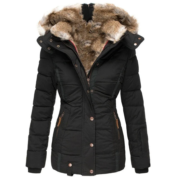 Women's padded parka jacket with fur-trimmed hood and zipped pockets