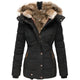 Women's padded parka jacket with fur-trimmed hood and zipped pockets
