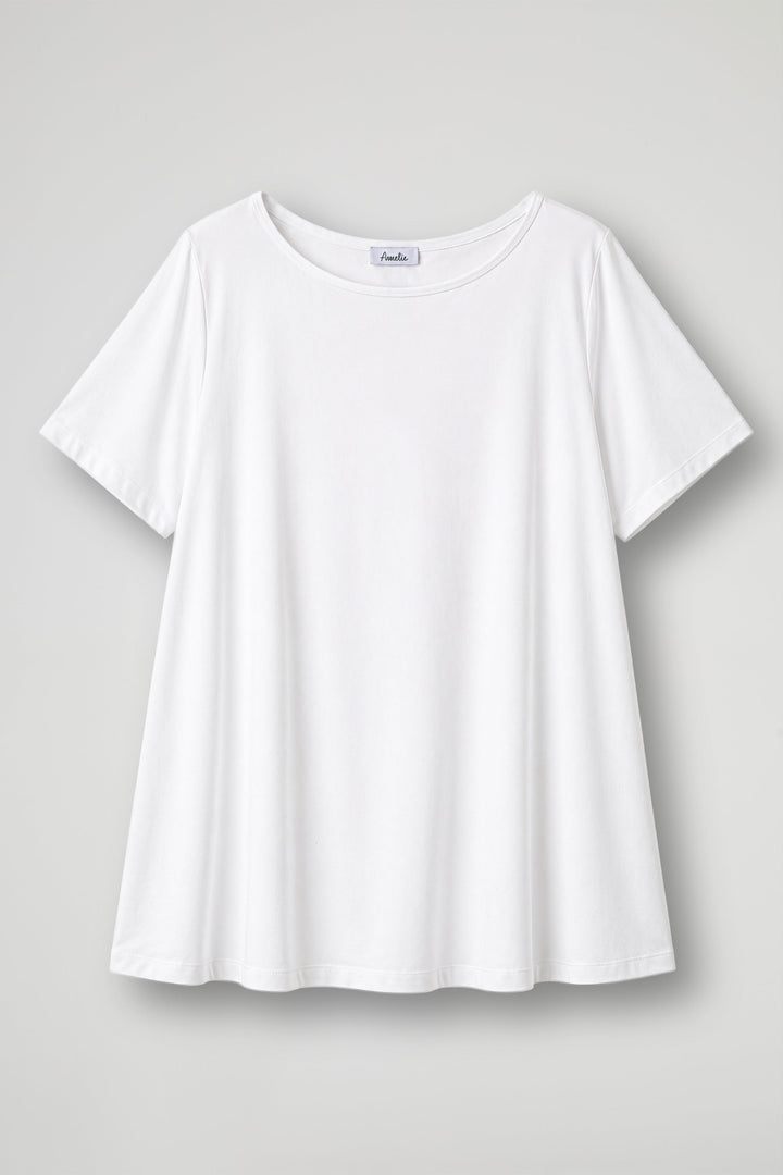 Women's cream short sleeve relaxed fit t-shirt with crew neckline displayed flat and on model