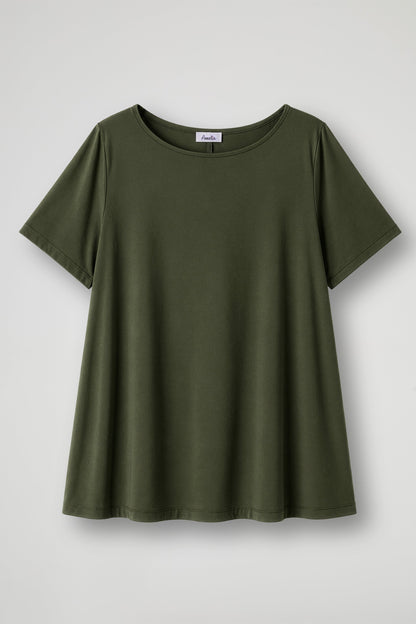 Women's cream short sleeve relaxed fit t-shirt with crew neckline displayed flat and on model