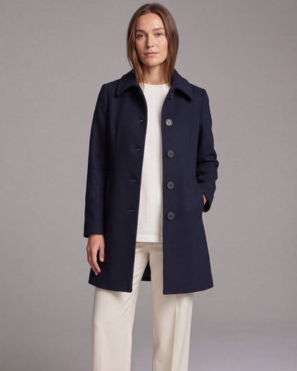 Women's fit and flare trench coat with pointed collar and button front