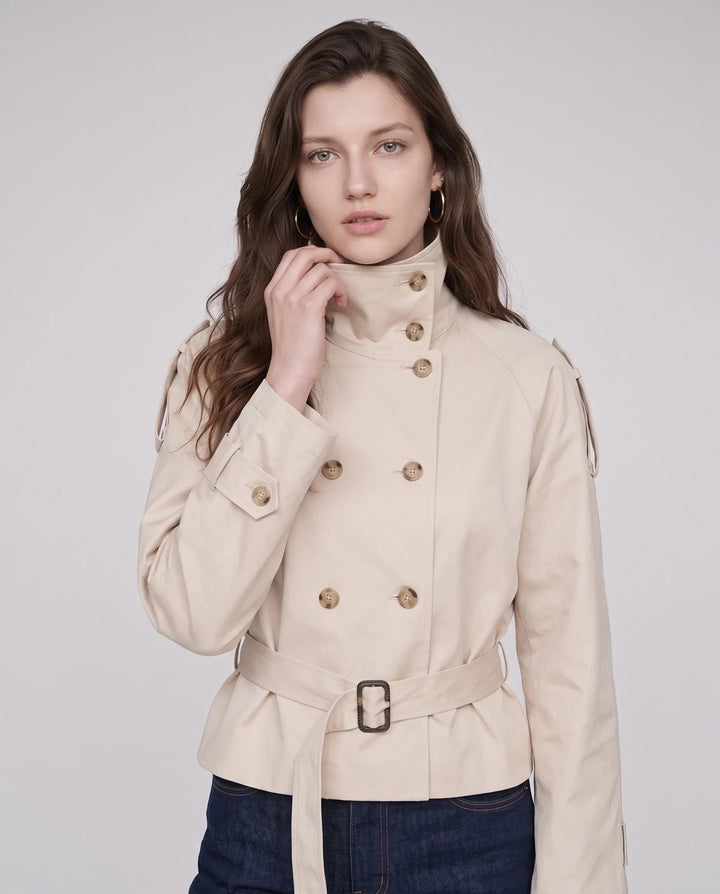 Women's short belted trench jacket with high collar and double-breasted buttons