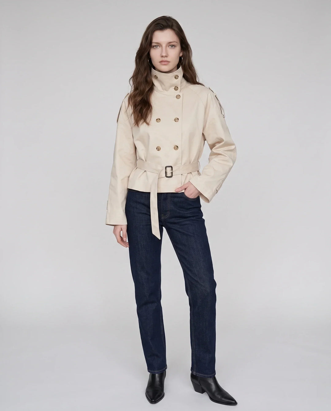 Women's short belted trench jacket with high collar and double-breasted buttons