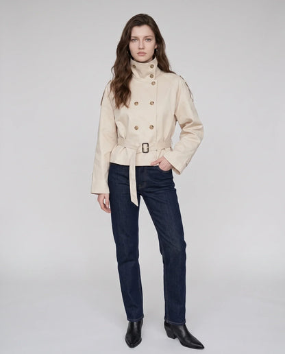 Women's short belted trench jacket with high collar and double-breasted buttons