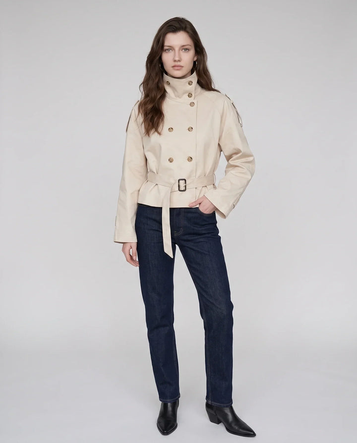 Women's short belted trench jacket with high collar and double-breasted buttons