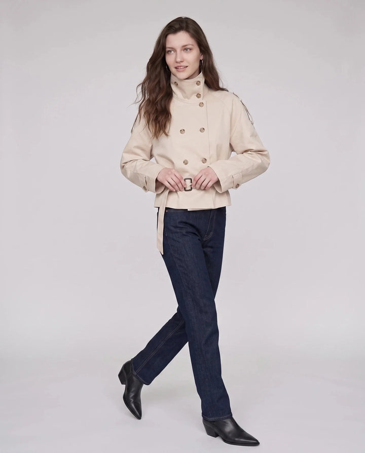Women's short belted trench jacket with high collar and double-breasted buttons