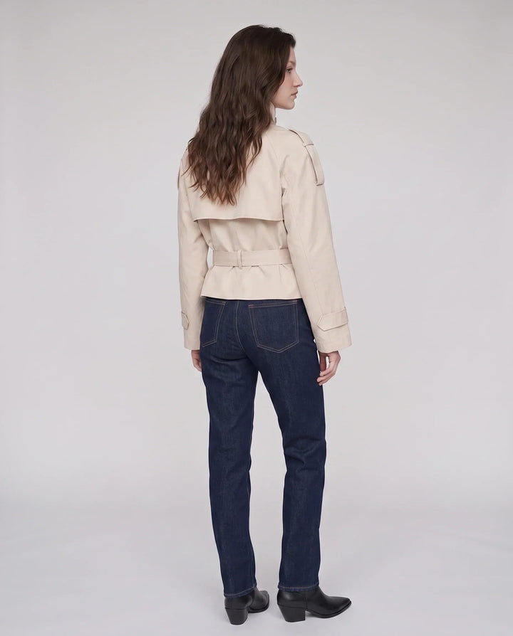 Women's short belted trench jacket with high collar and double-breasted buttons