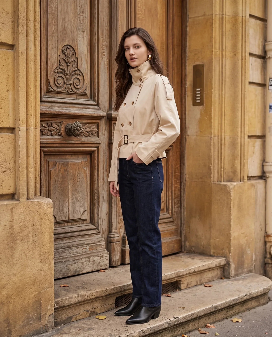 Women's short belted trench jacket with high collar and double-breasted buttons
