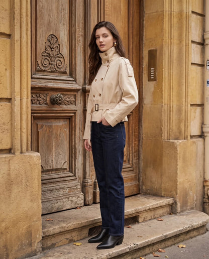 Women's short belted trench jacket with high collar and double-breasted buttons