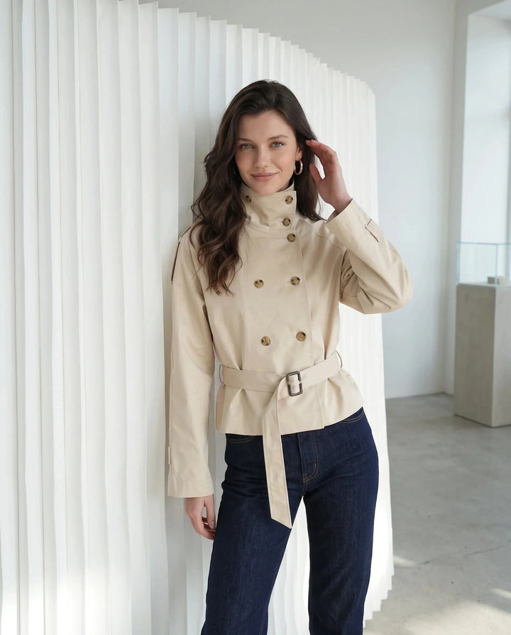 Women's short belted trench jacket with high collar and double-breasted buttons