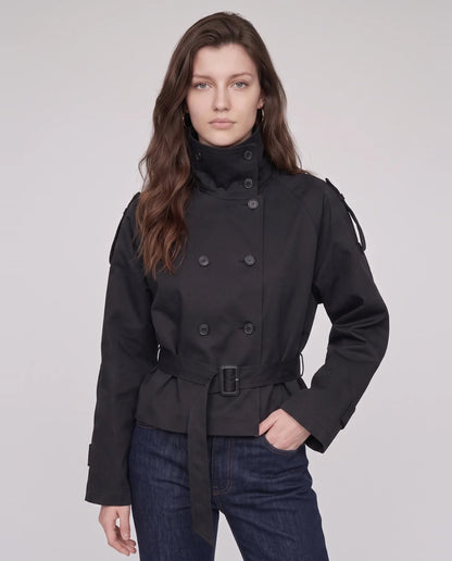 Women's short belted trench jacket with high collar and double-breasted buttons