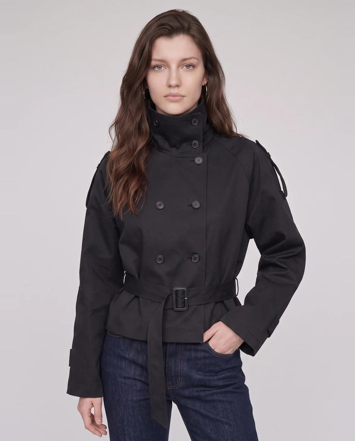 Women's short belted trench jacket with high collar and double-breasted buttons