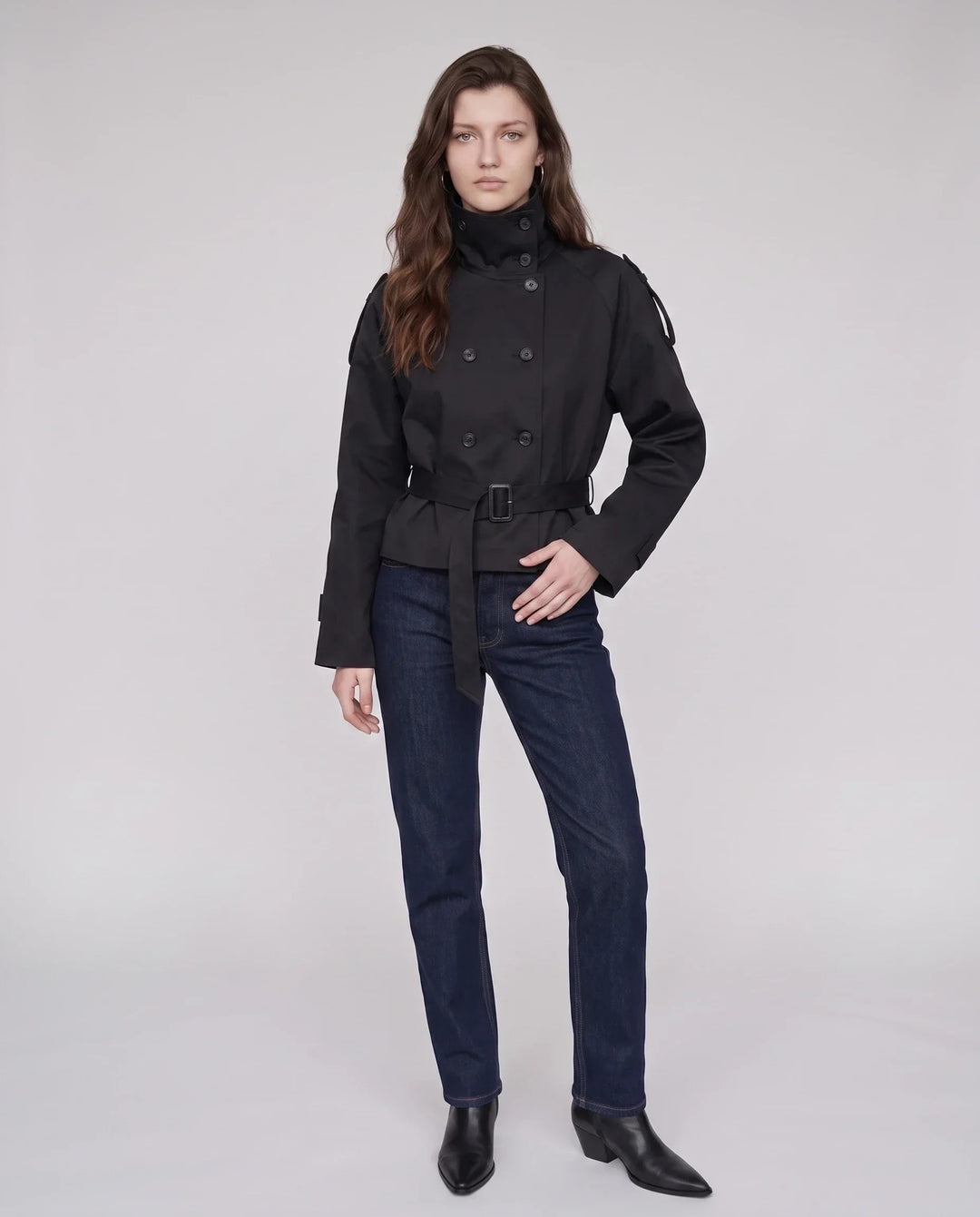 Women's short belted trench jacket with high collar and double-breasted buttons