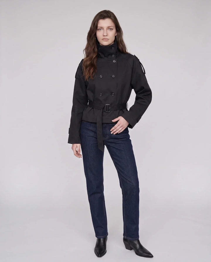 Women's short belted trench jacket with high collar and double-breasted buttons