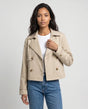 Women's beige cropped double-breasted trench jacket with lapels and cuff straps