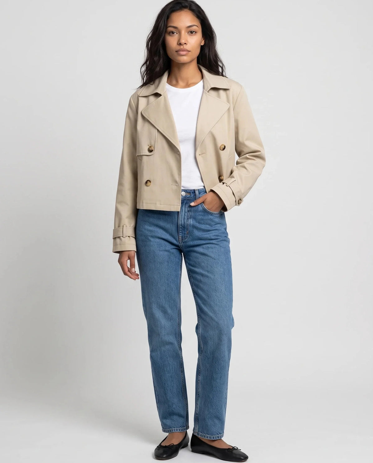 Women's beige cropped double-breasted trench jacket with lapels and cuff straps