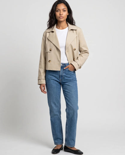 Women's beige cropped double-breasted trench jacket with lapels and cuff straps