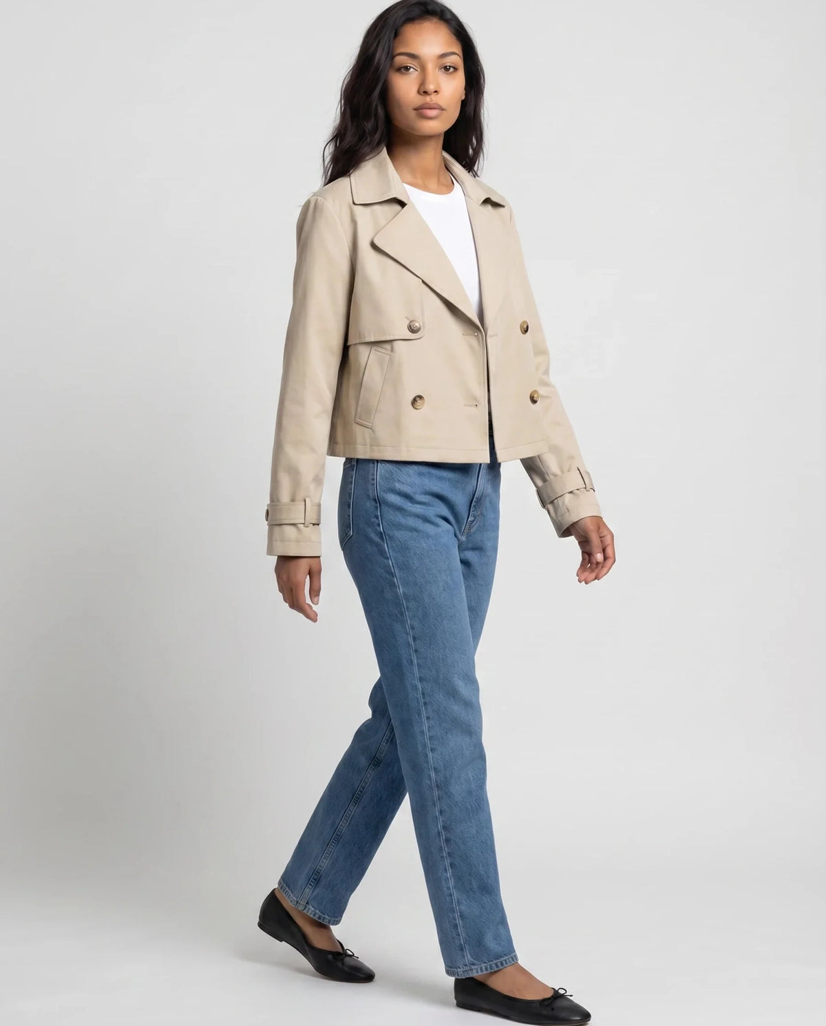 Women's beige cropped double-breasted trench jacket with lapels and cuff straps