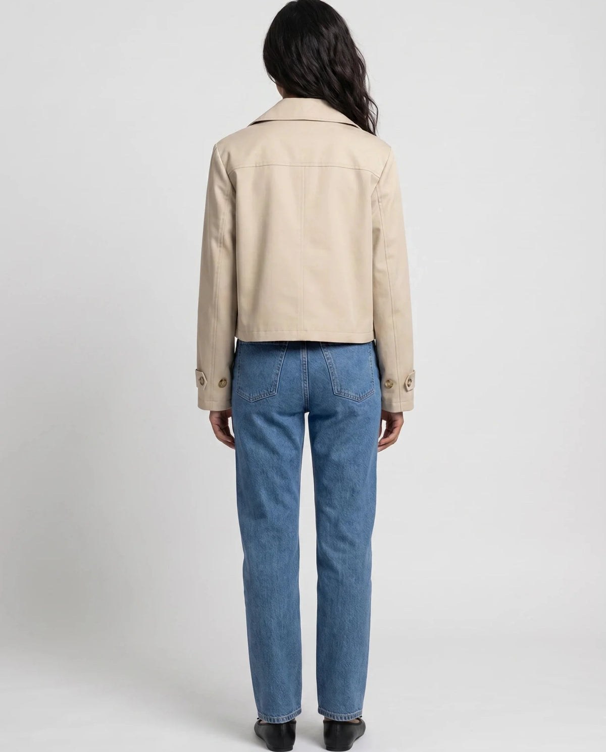 Women's beige cropped double-breasted trench jacket with lapels and cuff straps