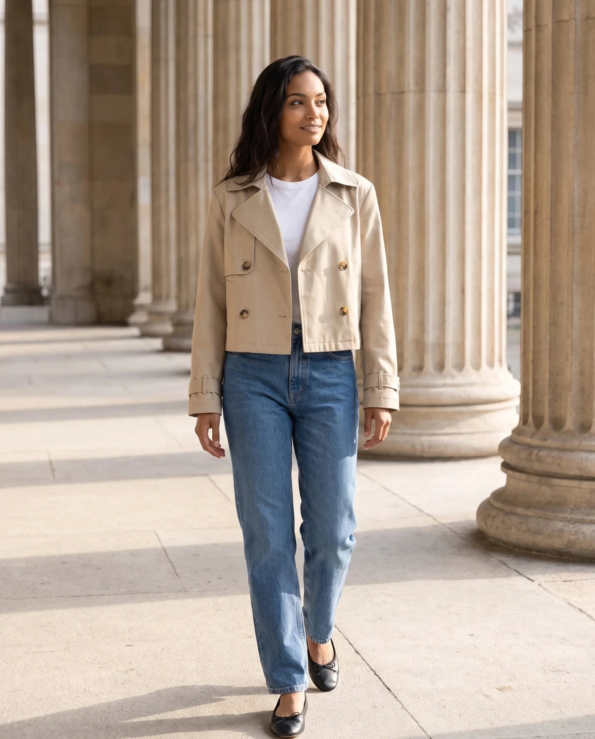 Women's beige cropped double-breasted trench jacket with lapels and cuff straps