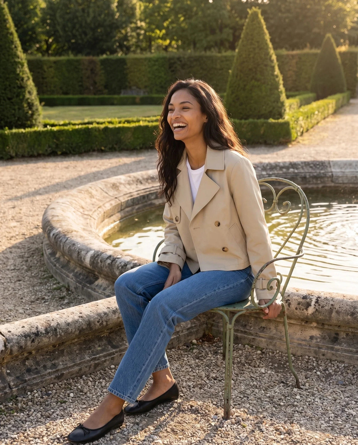 Women's beige cropped double-breasted trench jacket with lapels and cuff straps