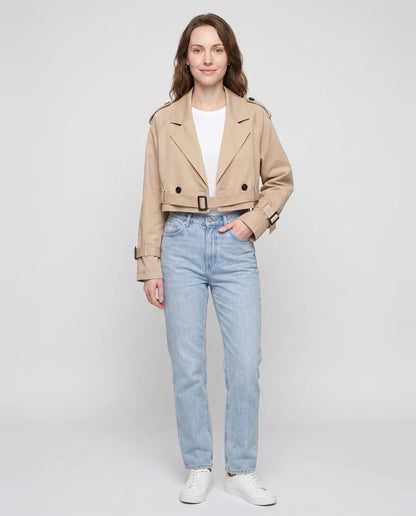 Women's beige cropped trench jacket with buckled belt and long sleeves