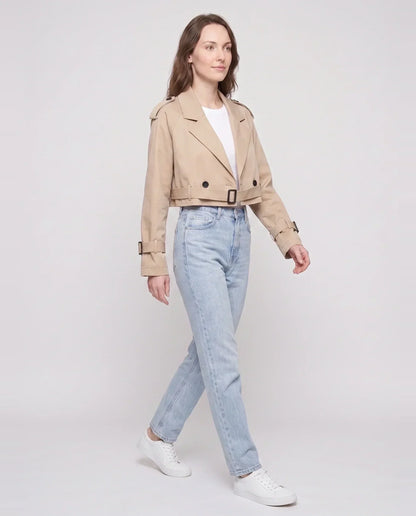 Women's beige cropped trench jacket with buckled belt and long sleeves