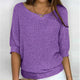 Women's textured knit sweater with wide round neck and three-quarter sleeves