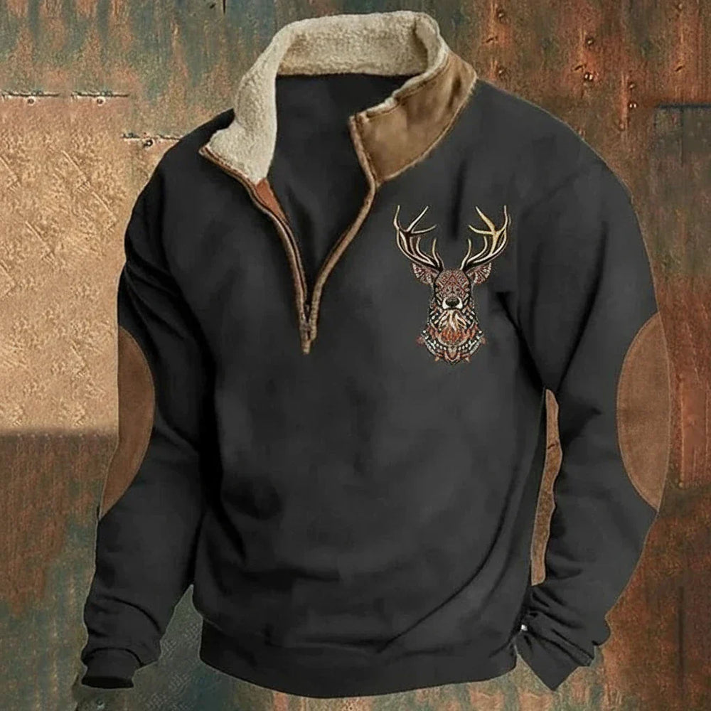 Men's quarter-zip pullover with deer chest embroidery