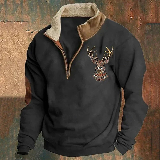 Men's quarter-zip pullover with embroidered deer motif and mock collar