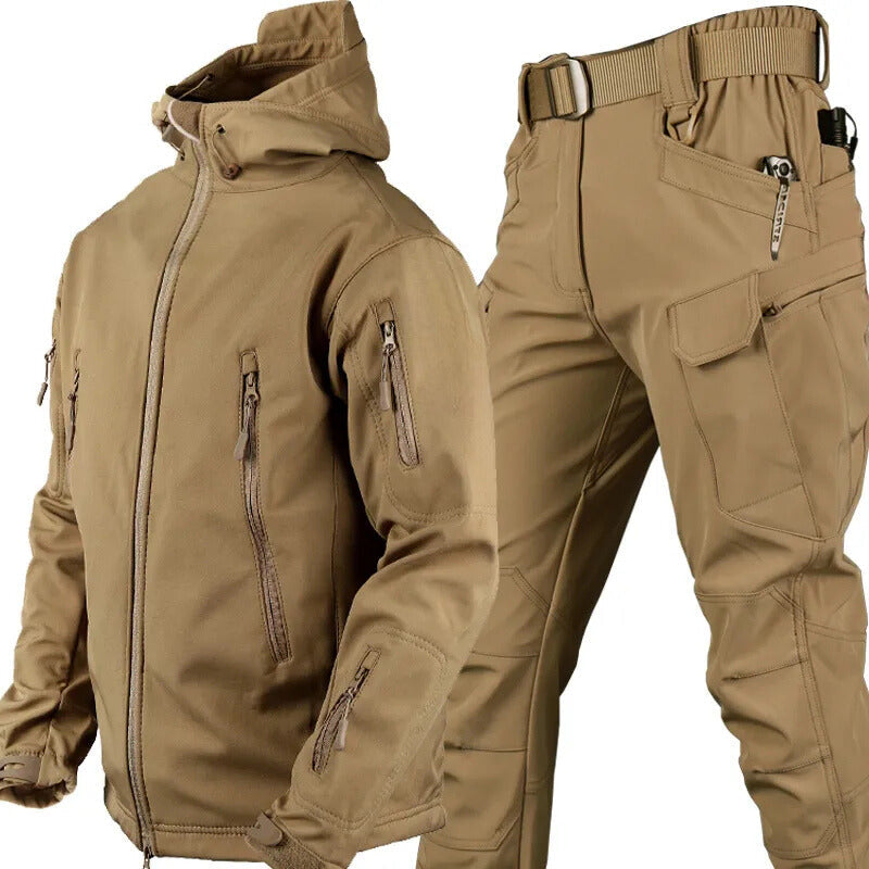 Unisex hooded utility jacket and cargo trousers set with multiple pockets