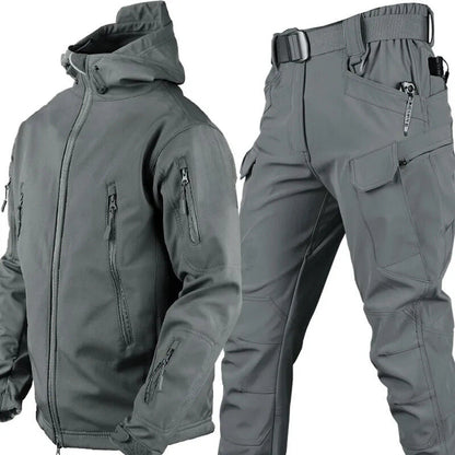 Unisex hooded utility jacket and cargo trousers set with multiple pockets