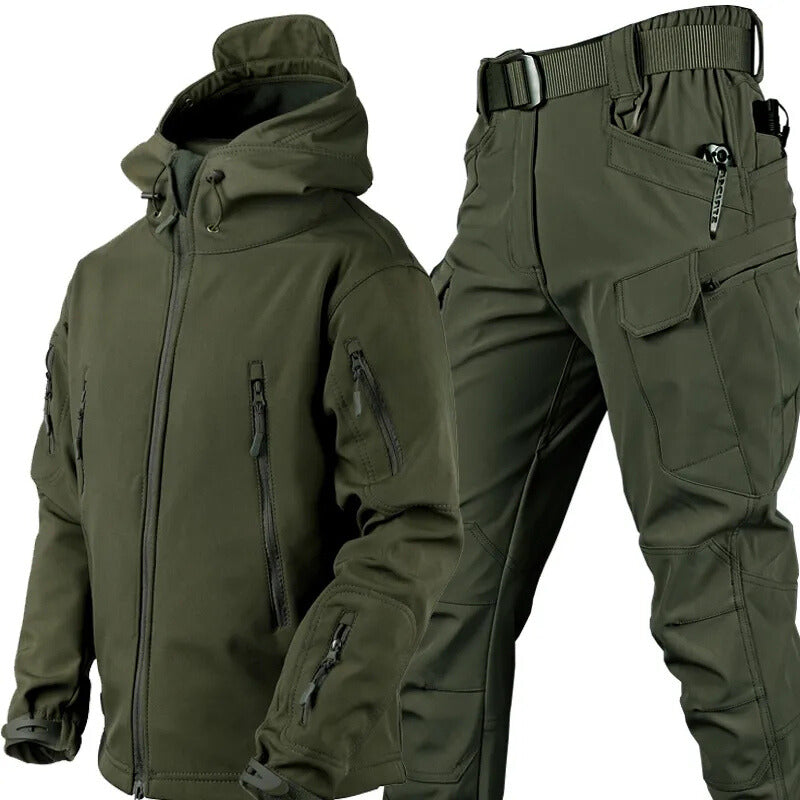 Unisex hooded utility jacket and cargo trousers set with multiple pockets