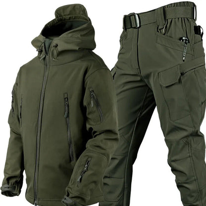 Unisex hooded utility jacket and cargo trousers set with multiple pockets