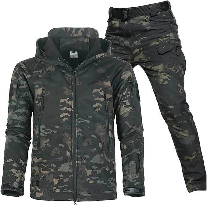 Unisex hooded utility jacket and cargo trousers set with multiple pockets