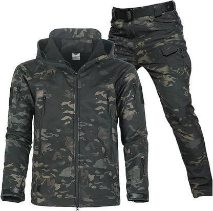 Unisex hooded utility jacket and cargo trousers set with multiple pockets