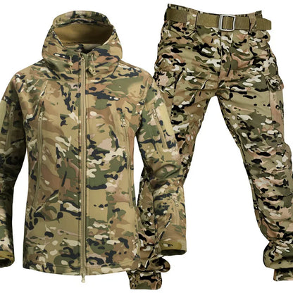 Unisex hooded utility jacket and cargo trousers set with multiple pockets