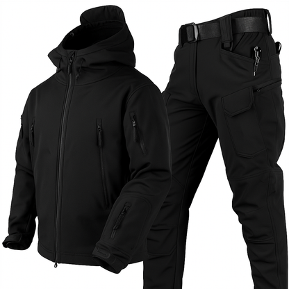 Unisex hooded utility jacket and cargo trousers set with multiple pockets