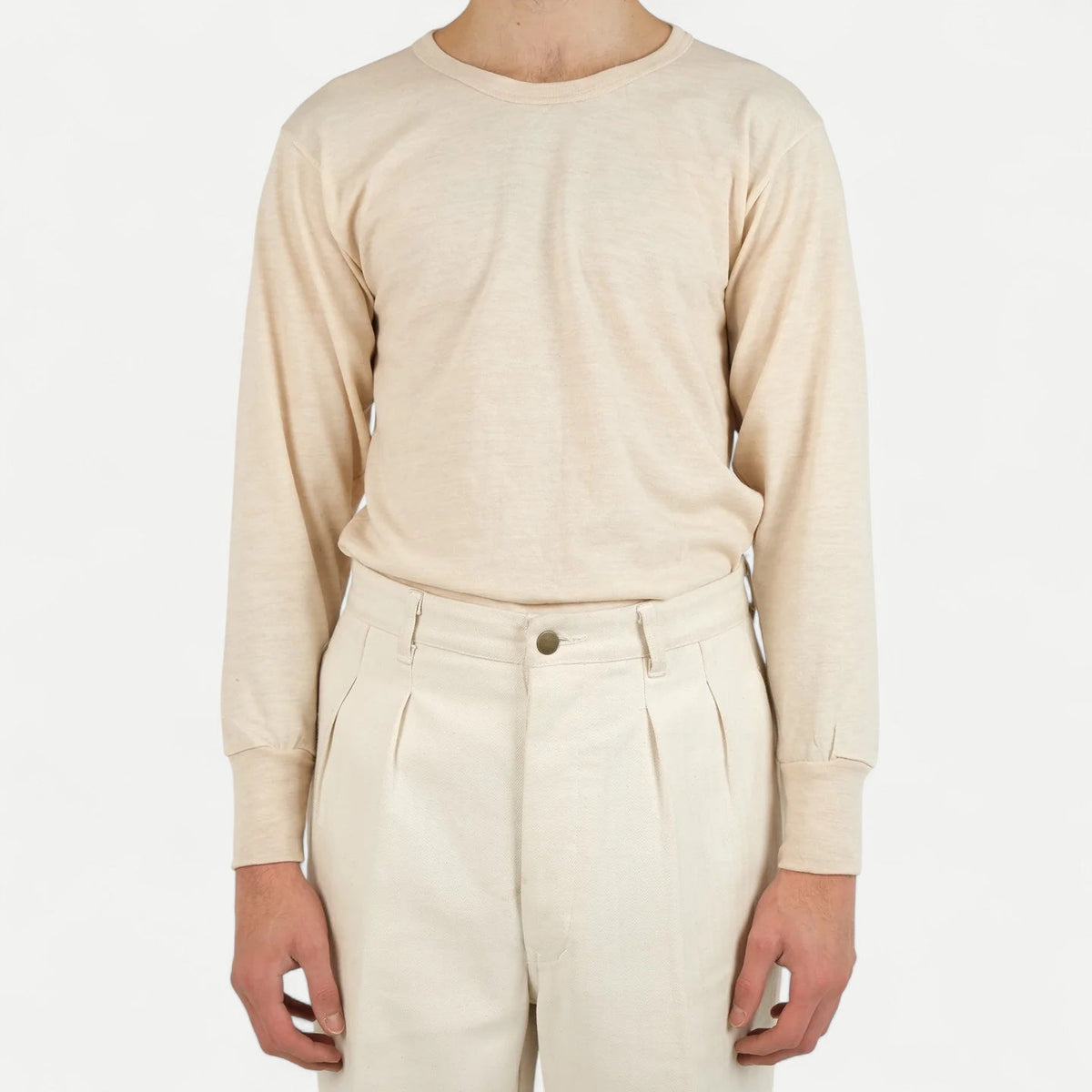 Men's cream plain long sleeve crew neck T-shirt